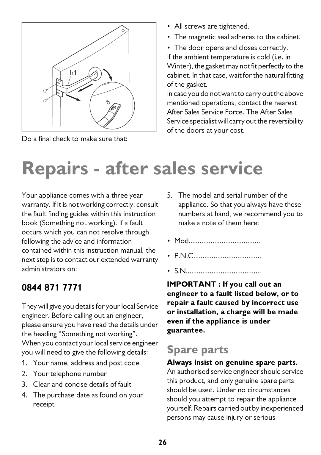 John Lewis JLFFW2013, JLSS1814, JLFFW1811, JLSS2015, JLFFW2012 instruction manual Repairs after sales service, Spare parts 