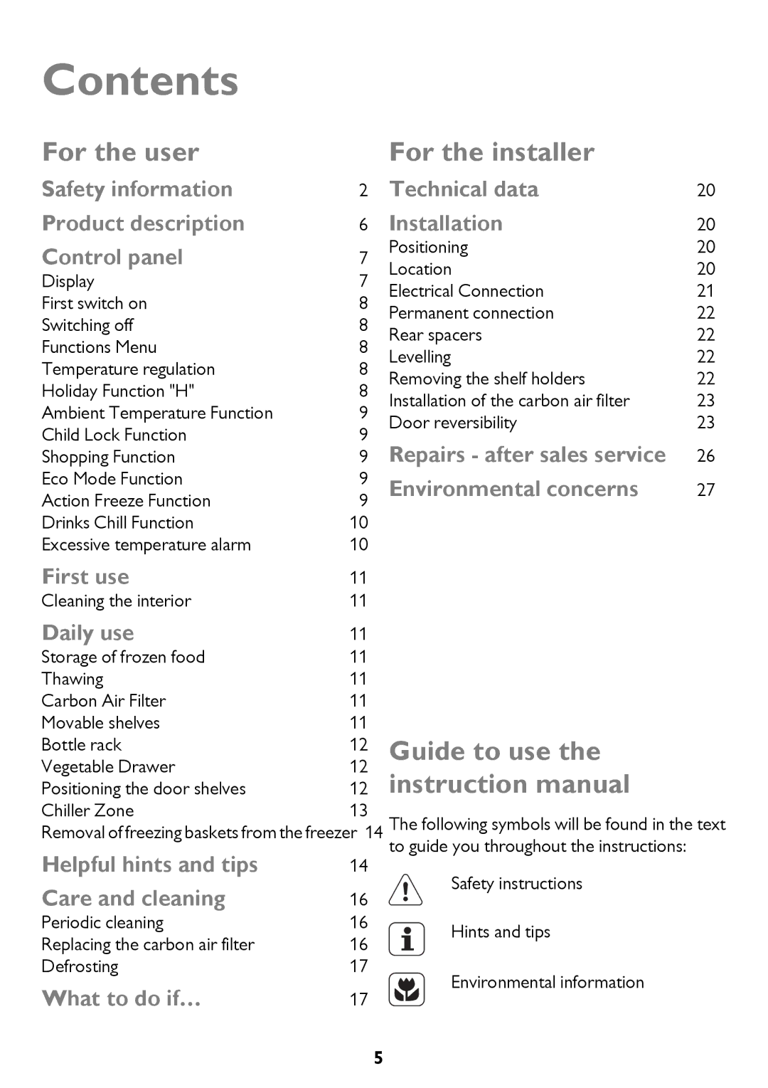 John Lewis JLSS1814, JLFFW2013, JLFFW1811, JLSS2015, JLFFW2012 instruction manual Contents 