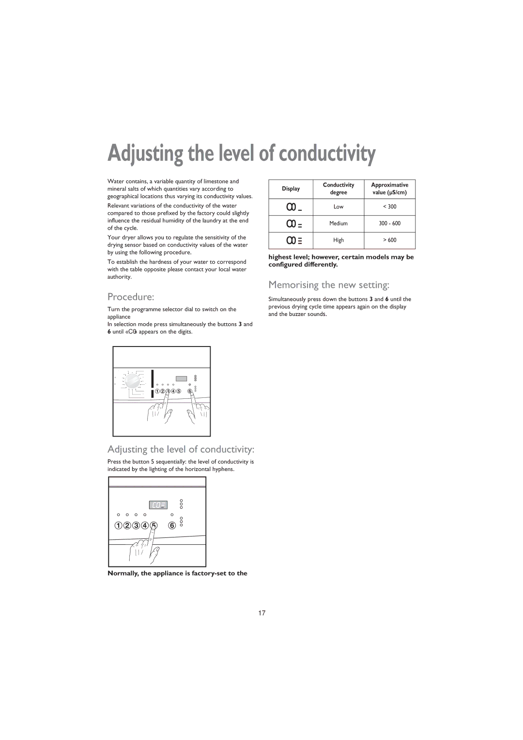 John Lewis JLTDC 05 instruction manual Procedure, Adjusting the level of conductivity, Memorising the new setting 