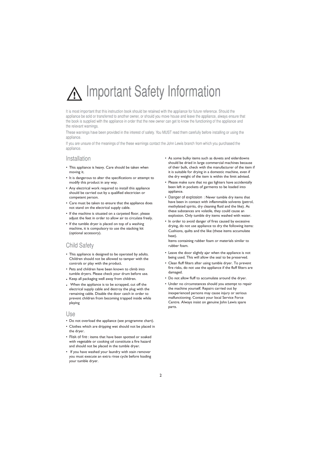 John Lewis JLTDC 05 instruction manual Installation, Child Safety, Use 