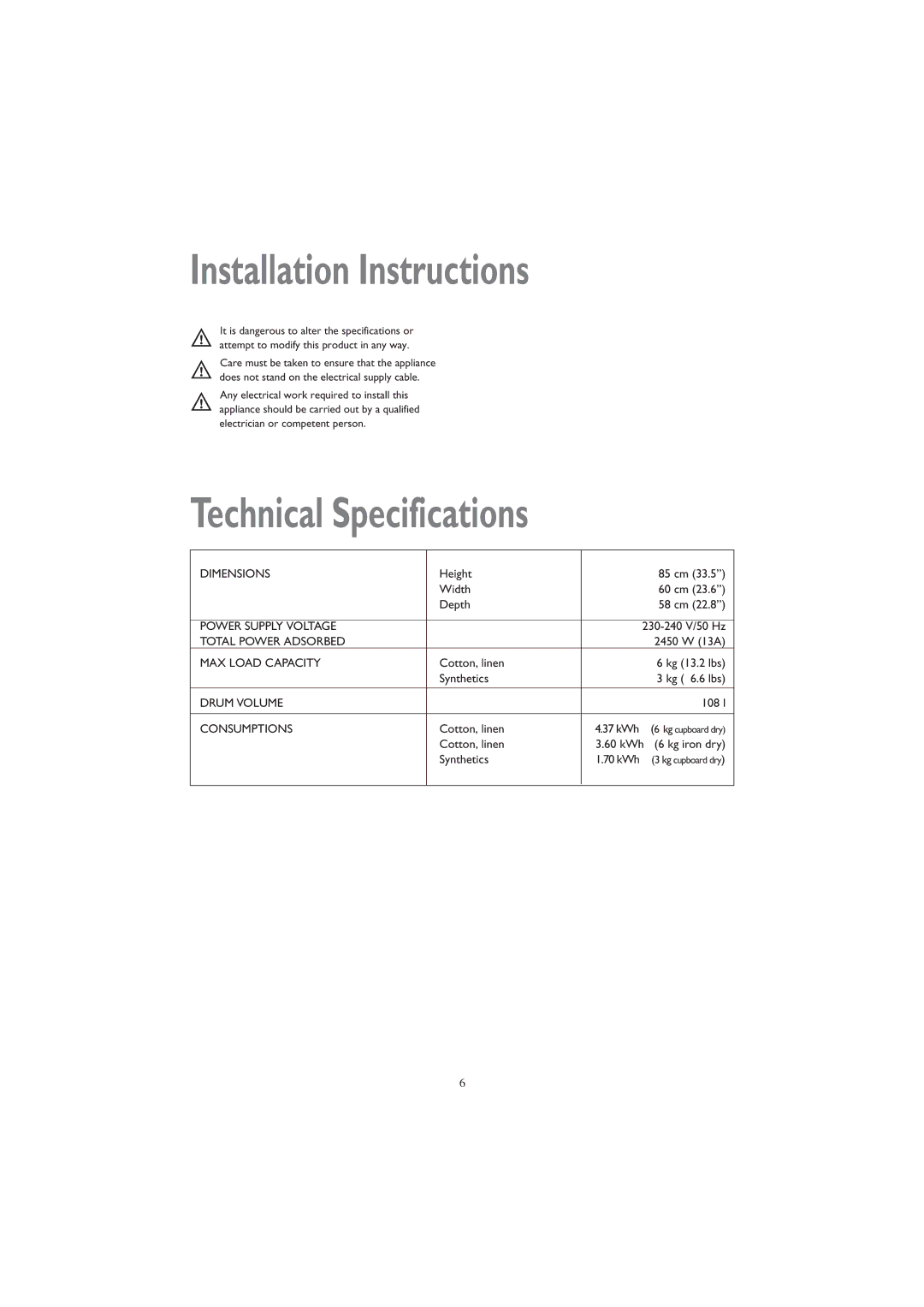 John Lewis JLTDC 05 instruction manual Installation Instructions, Technical Specifications 