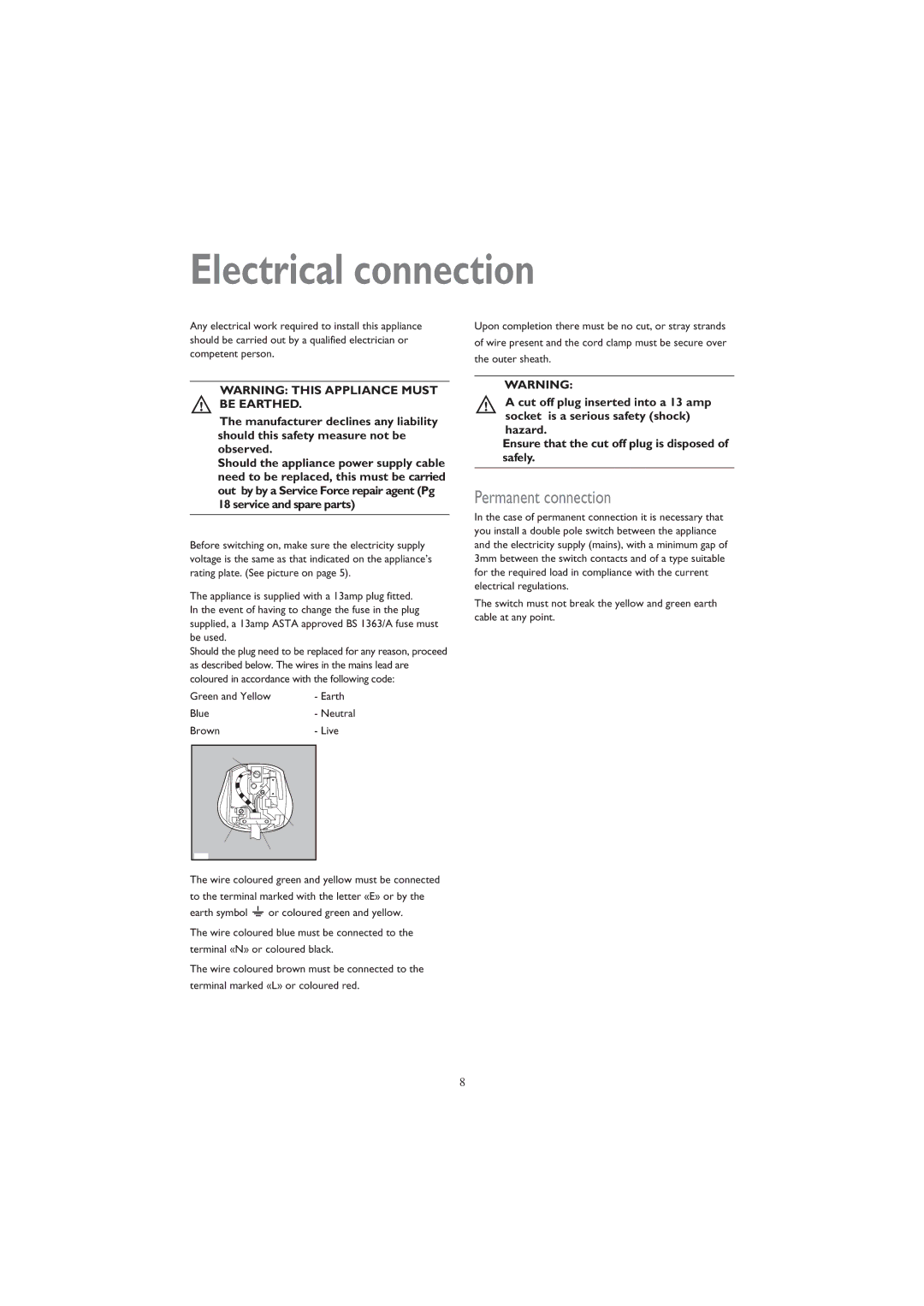 John Lewis JLTDC 05 instruction manual Electrical connection, Permanent connection 