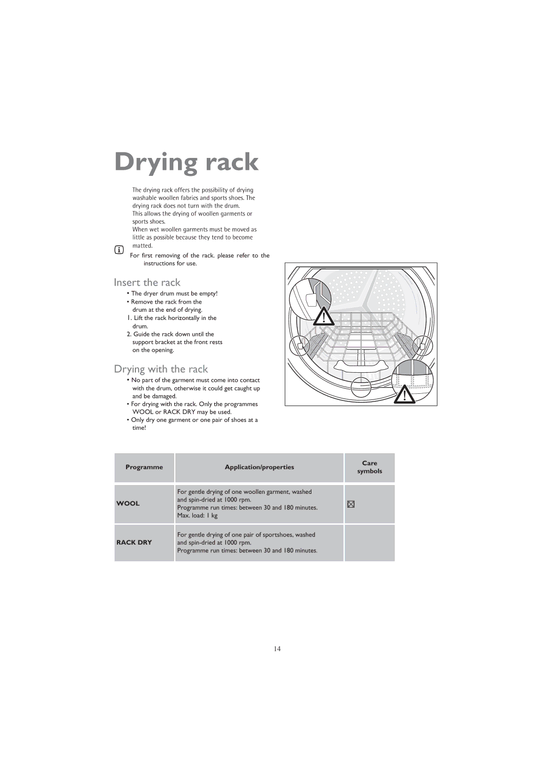 John Lewis JLTDC 07 Drying rack, Insert the rack, Drying with the rack, Programme Application/properties Care 