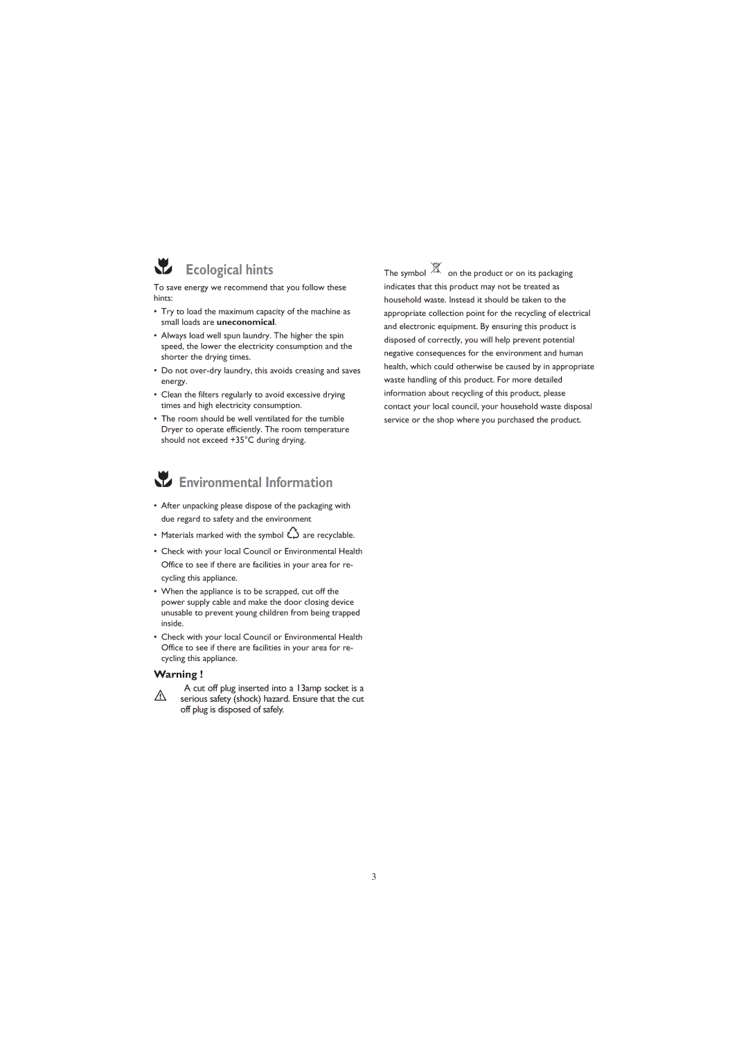 John Lewis JLTDC 07 instruction manual Ecological hints, Environmental Information 