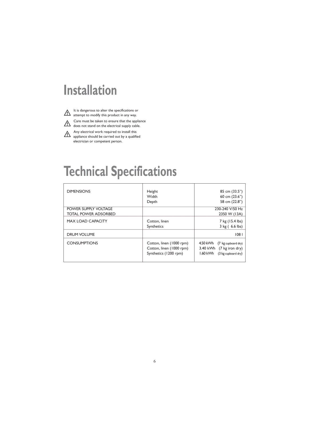 John Lewis JLTDC 07 instruction manual Installation, Technical Specifications 