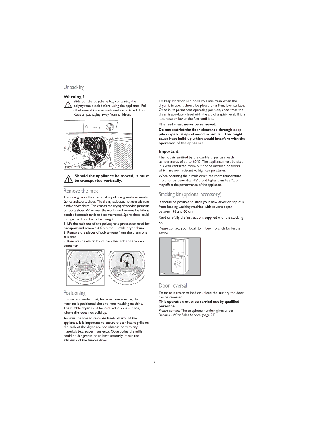 John Lewis JLTDC 07 instruction manual Unpacking, Remove the rack, Stacking kit optional accessory, Door reversal 