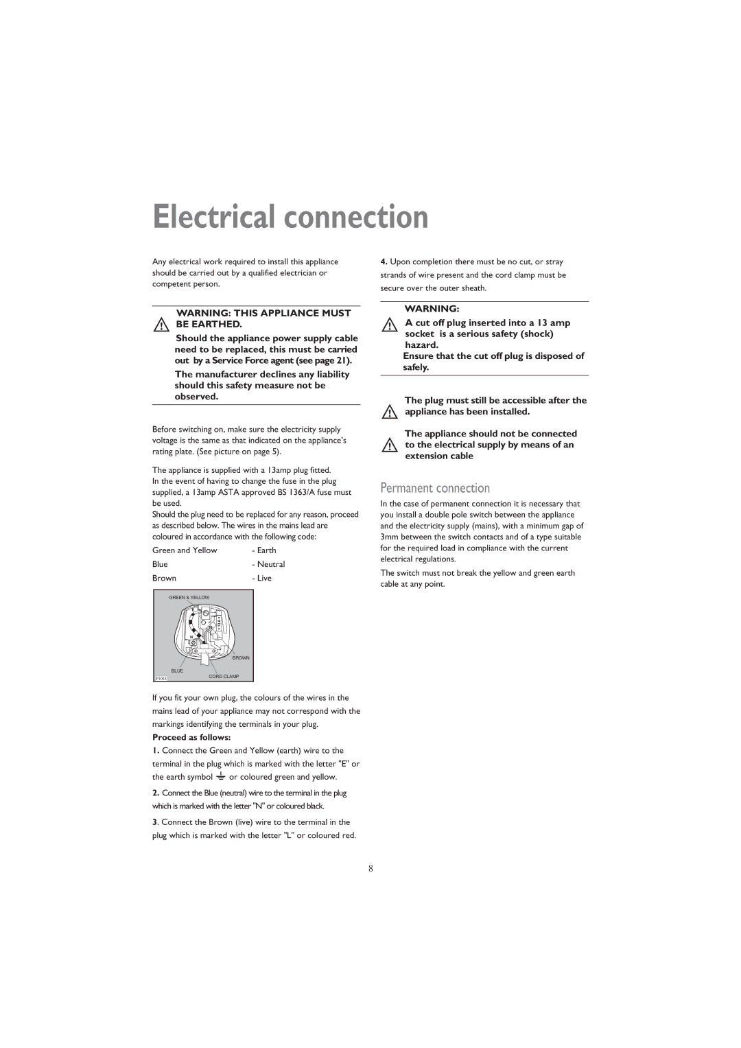 John Lewis JLTDC 07 instruction manual Electrical connection, Permanent connection, Proceed as follows 