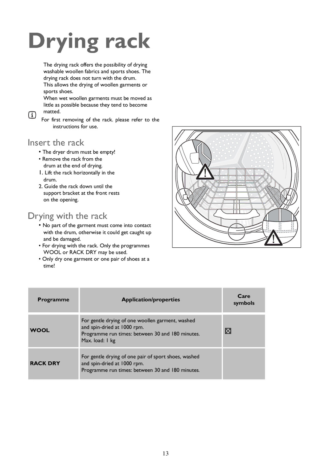 John Lewis JLTDC 09 Drying rack, Insert the rack, Drying with the rack, Programme Application/properties Care 