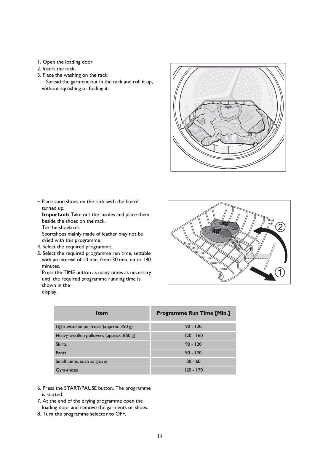 John Lewis JLTDC 09 instruction manual Programme Run Time Min, Press the START/PAUSE button. The programme is started 