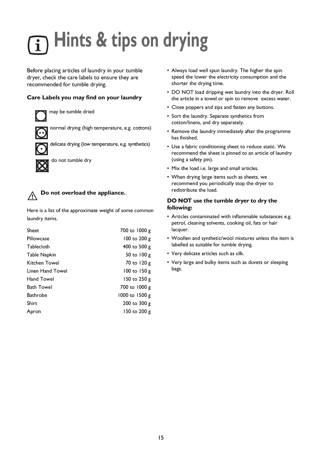 John Lewis JLTDC 09 Hints & tips on drying, Care Labels you may find on your laundry, Do not overload the appliance 