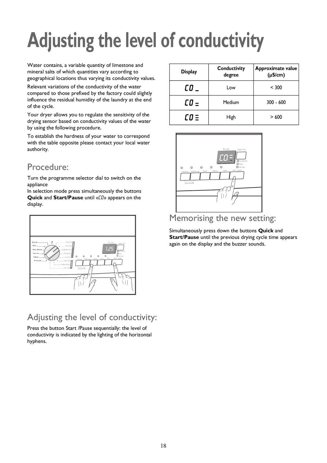 John Lewis JLTDC 09 instruction manual Procedure, Memorising the new setting, Adjusting the level of conductivity 