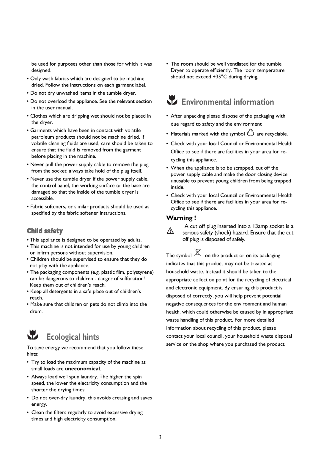 John Lewis JLTDC 09 instruction manual Ecological hints, Environmental information 