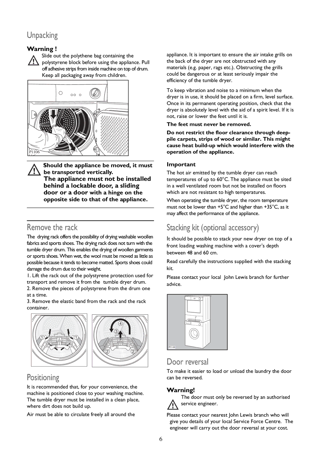 John Lewis JLTDC 09 instruction manual Unpacking, Remove the rack, Stacking kit optional accessory, Door reversal 