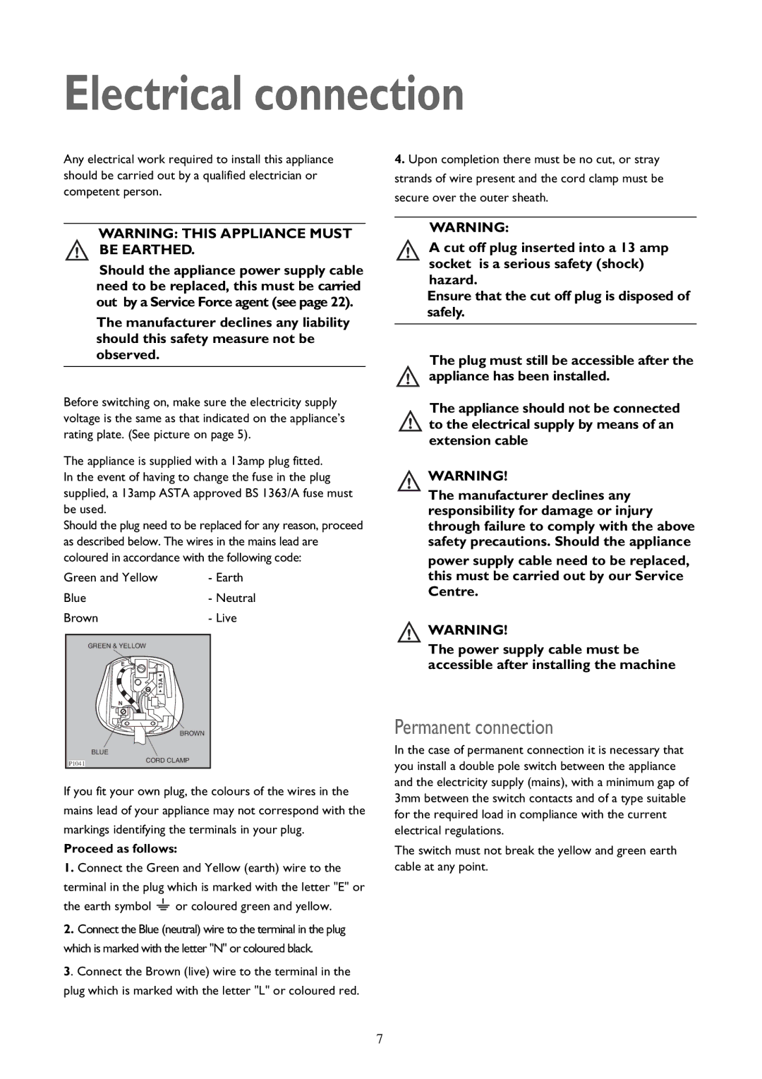 John Lewis JLTDC 09 instruction manual Electrical connection, Permanent connection, Proceed as follows 