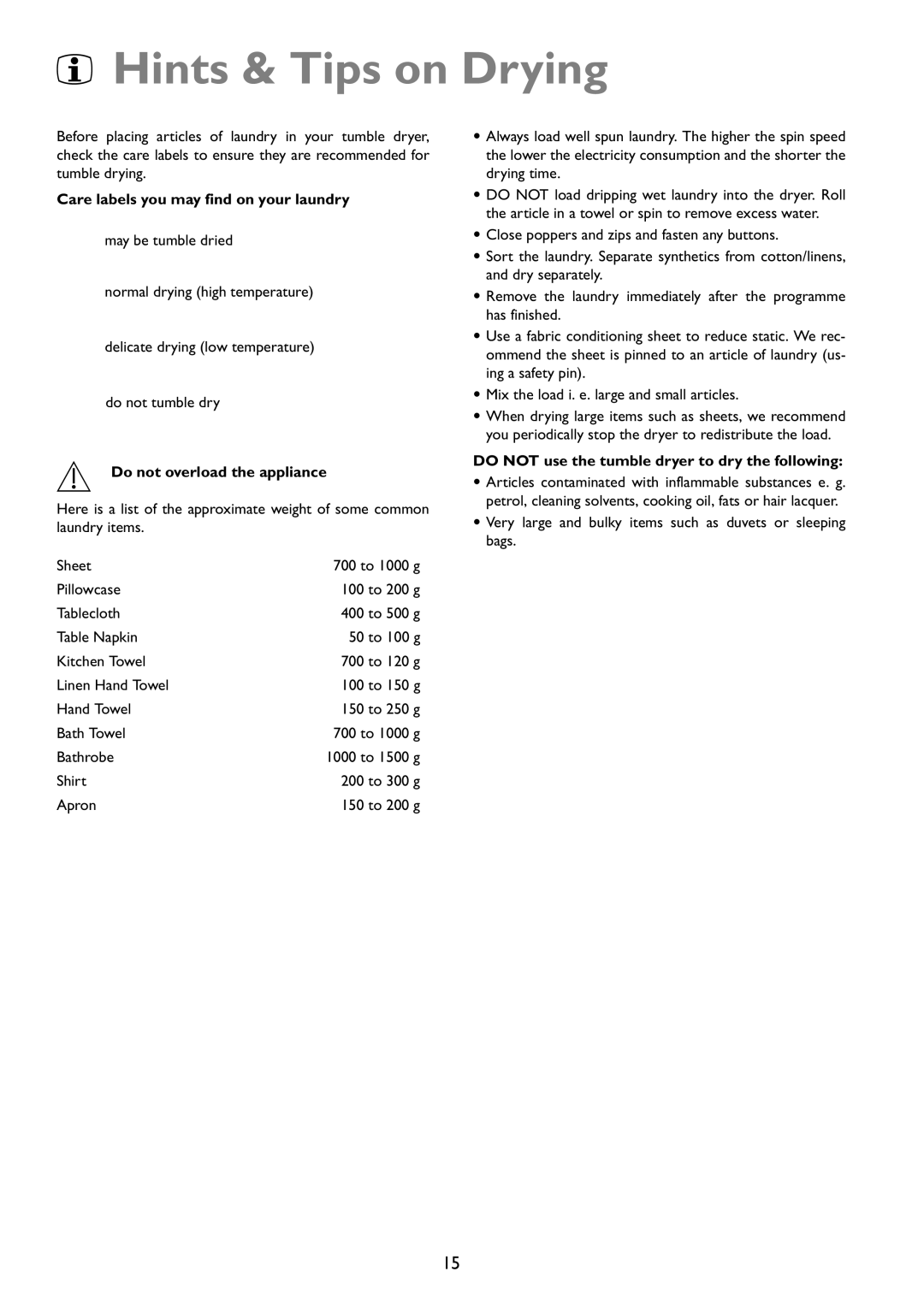 John Lewis JLTDC01 Hints & Tips on Drying, Care labels you may find on your laundry, Do not overload the appliance 