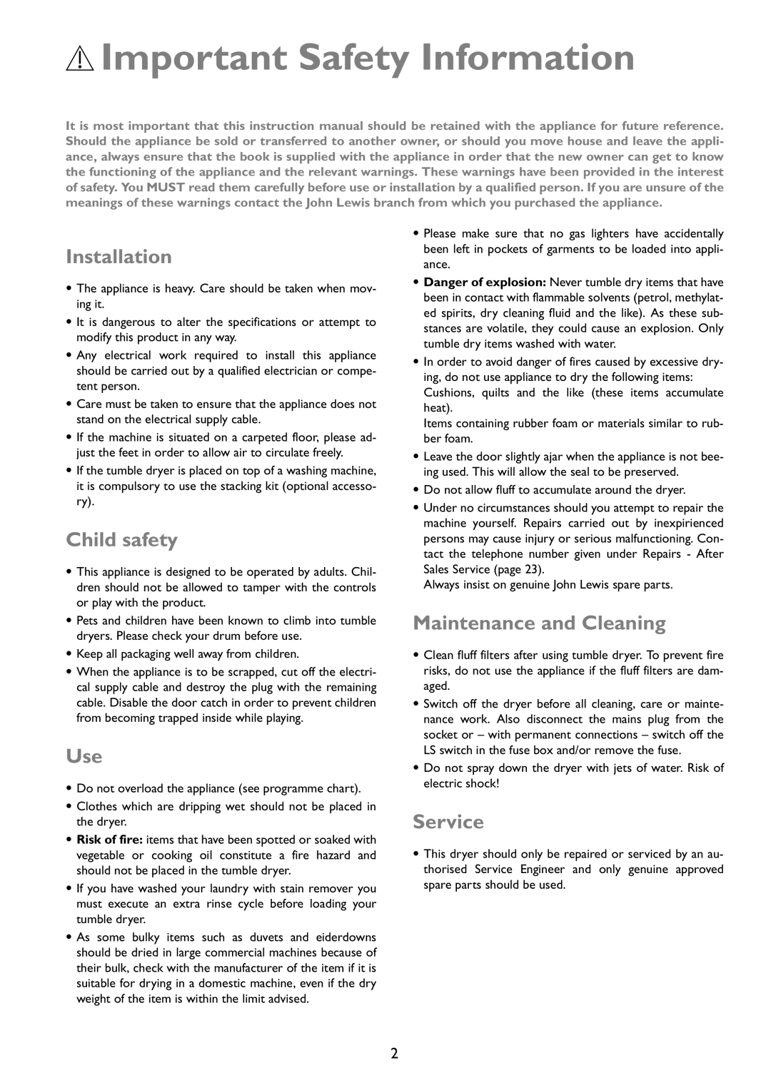 John Lewis JLTDC01 instruction manual 1Important Safety Information 