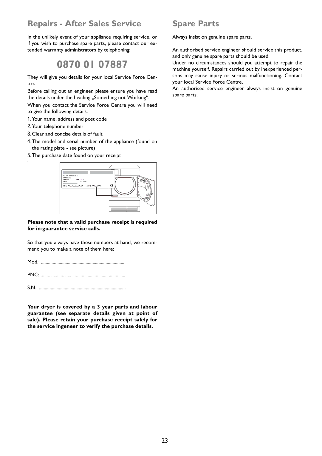 John Lewis JLTDC01 instruction manual Repairs After Sales Service, Spare Parts 