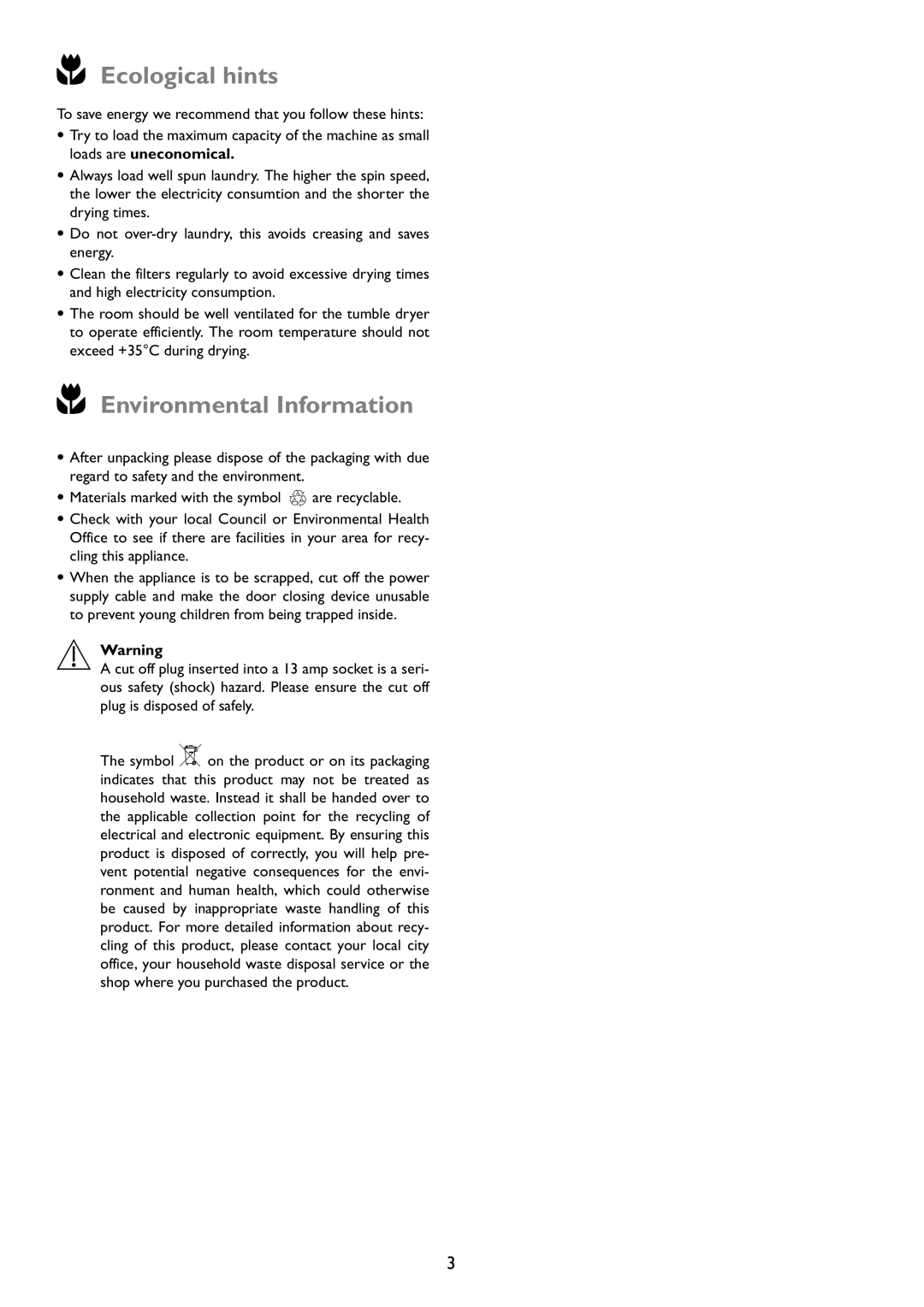 John Lewis JLTDC01 instruction manual Ecological hints, Environmental Information 