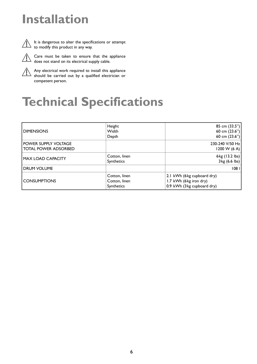 John Lewis JLTDC01 instruction manual Installation, Technical Specifications 