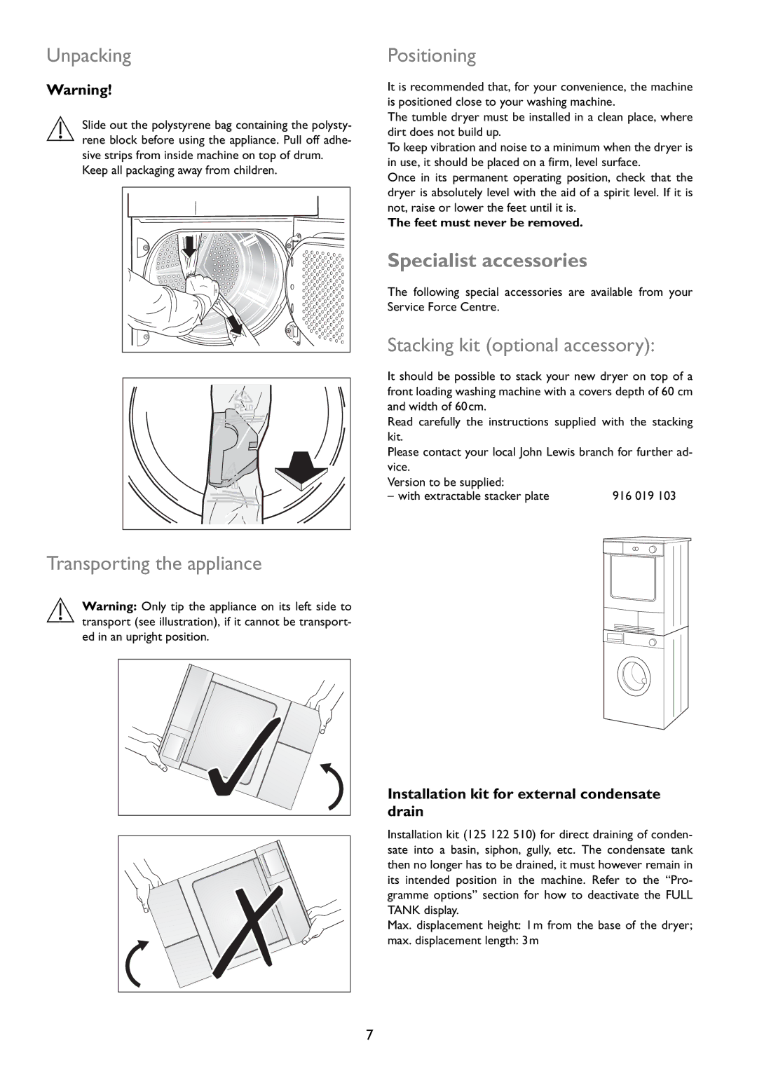 John Lewis JLTDC01 instruction manual Specialist accessories, Feet must never be removed 