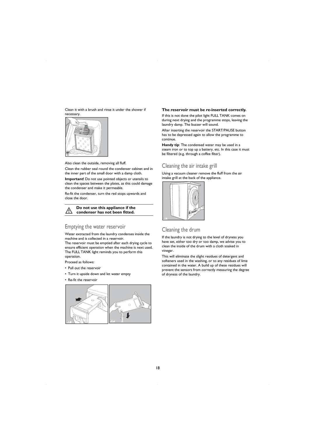 John Lewis JLTDC06 instruction manual Emptying the water reservoir, Cleaning the air intake grill, Cleaning the drum 