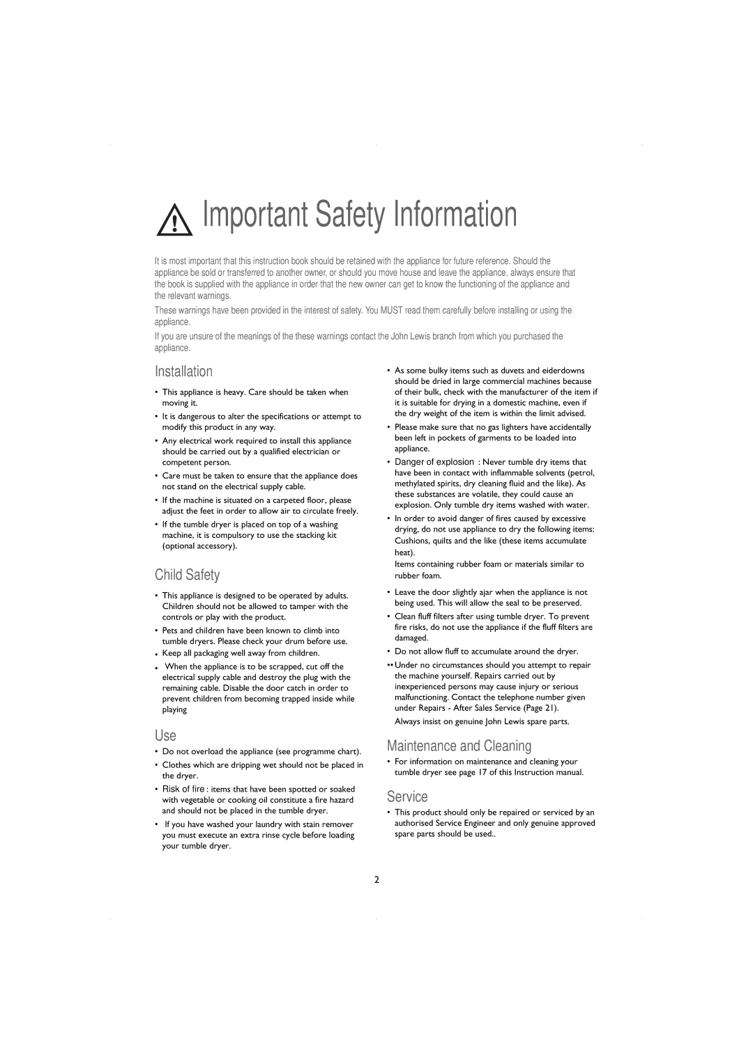 John Lewis JLTDC06 instruction manual Installation, Child Safety, Use, Maintenance and Cleaning Service 