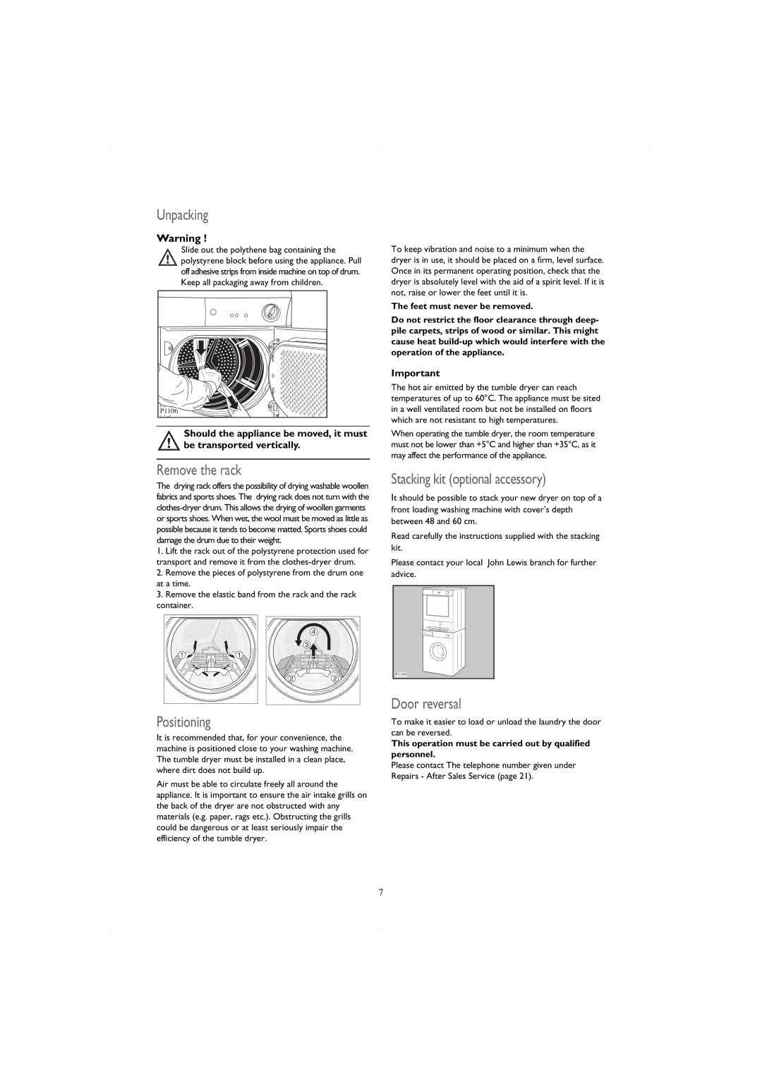 John Lewis JLTDC06 instruction manual Unpacking, Remove the rack, Stacking kit optional accessory, Door reversal 