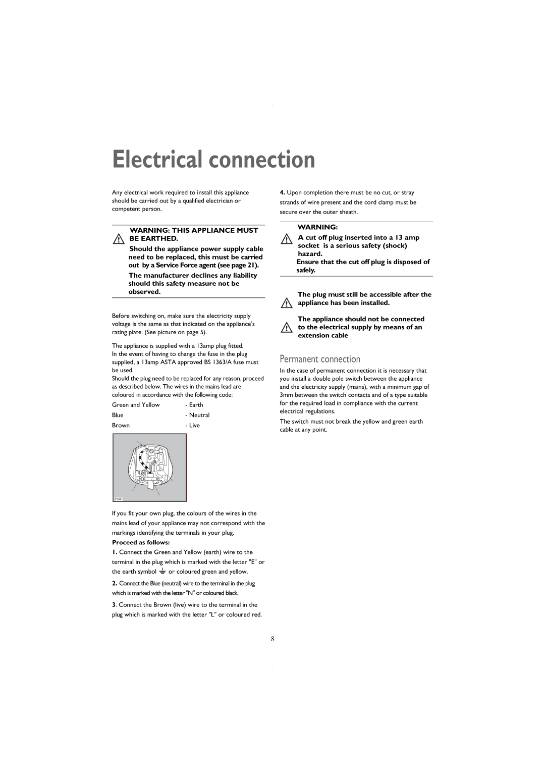 John Lewis JLTDC06 instruction manual Electrical connection, Permanent connection, Proceed as follows 