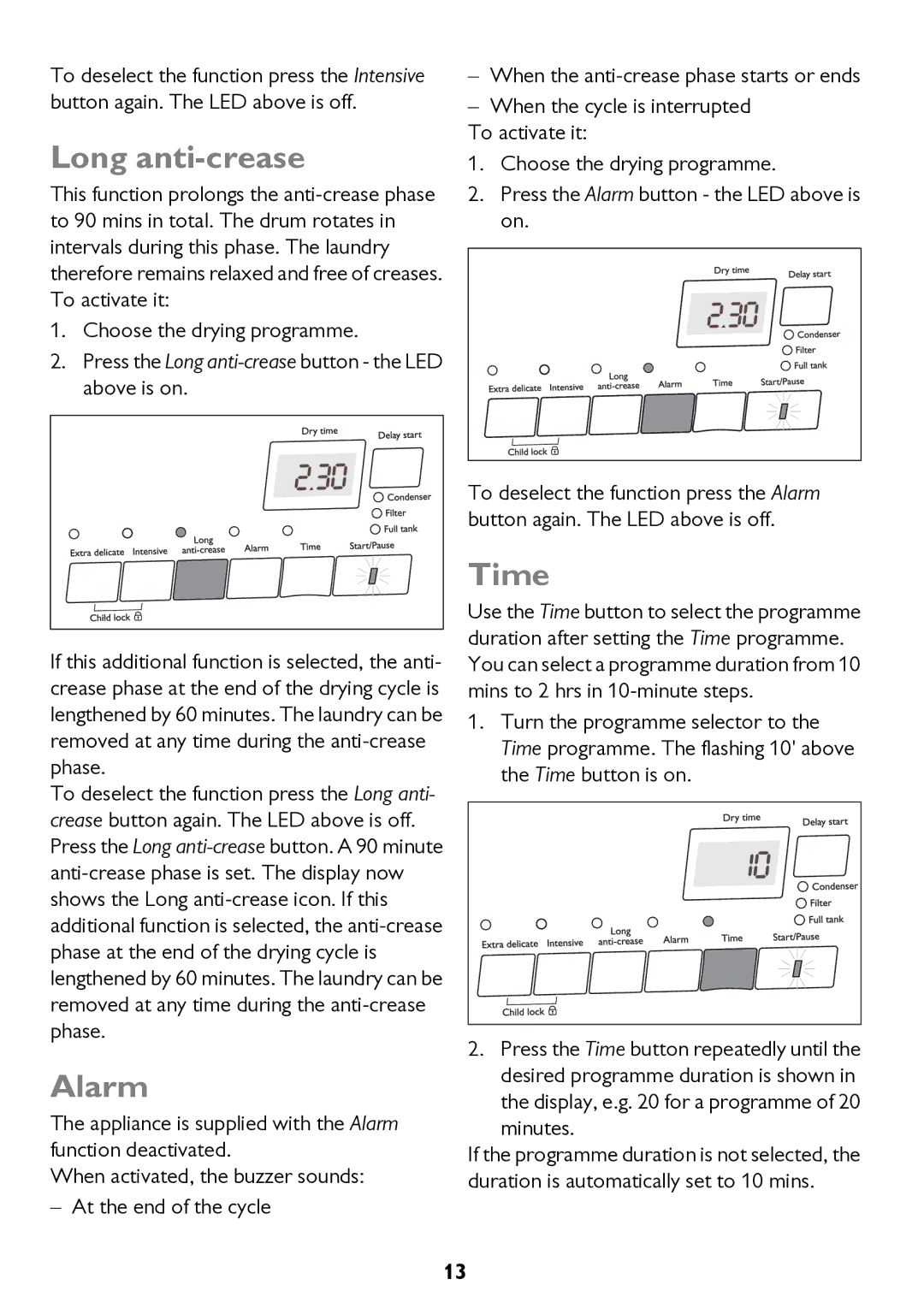 John Lewis JLTDC10 instruction manual Long anti-crease, Alarm, Time 