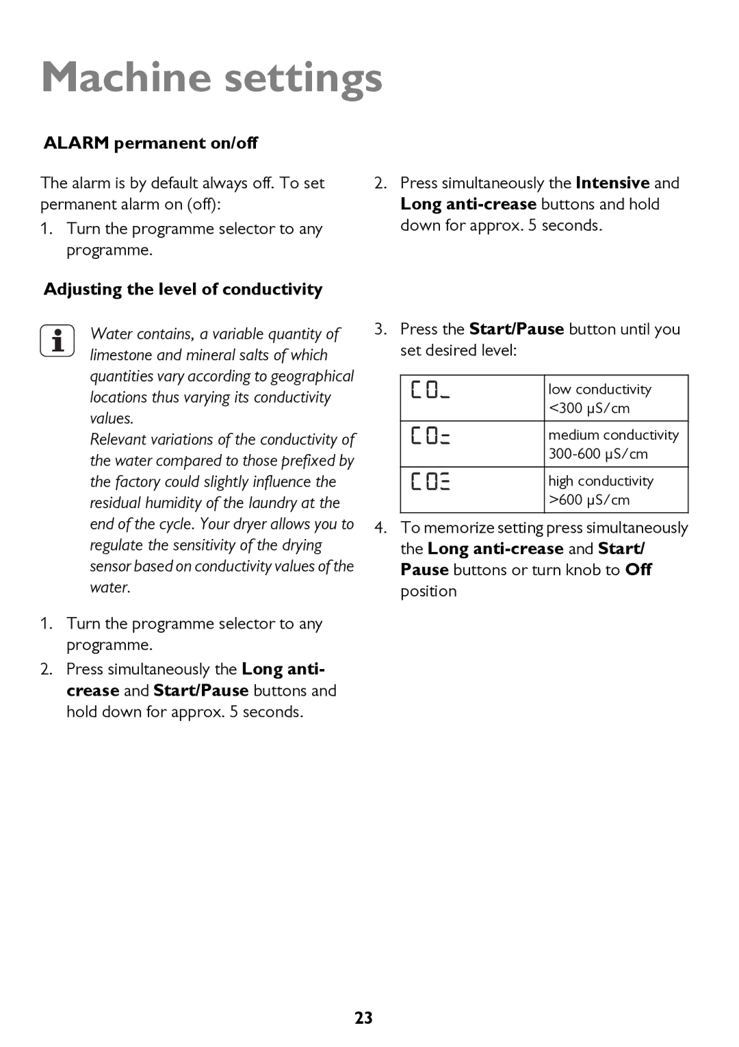 John Lewis JLTDC10 instruction manual Machine settings, Alarm permanent on/off, Adjusting the level of conductivity 