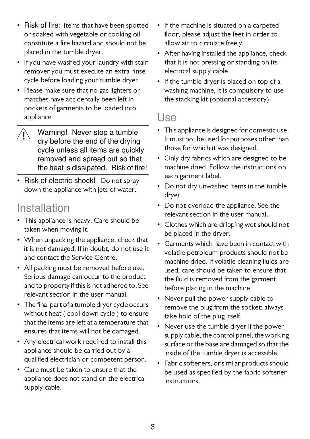 John Lewis JLTDC10 instruction manual Installation, Use 