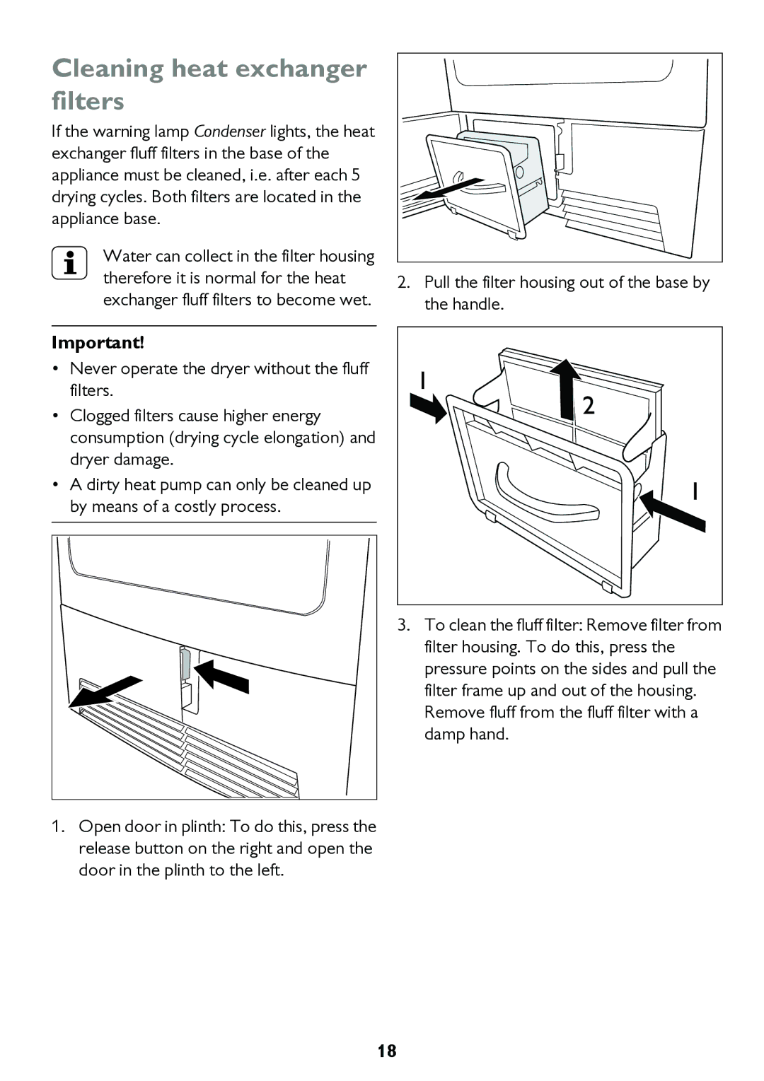 John Lewis JLTDC11 instruction manual Cleaning heat exchanger filters 