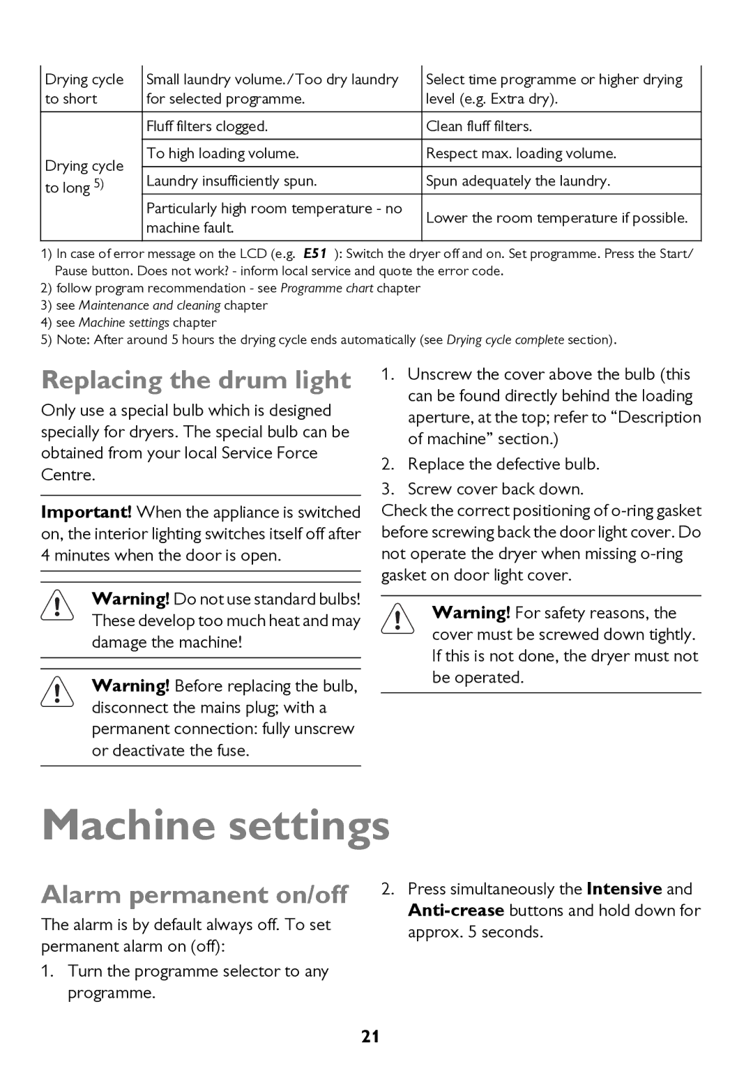 John Lewis JLTDC11 instruction manual Machine settings, Replacing the drum light, Alarm permanent on/off 