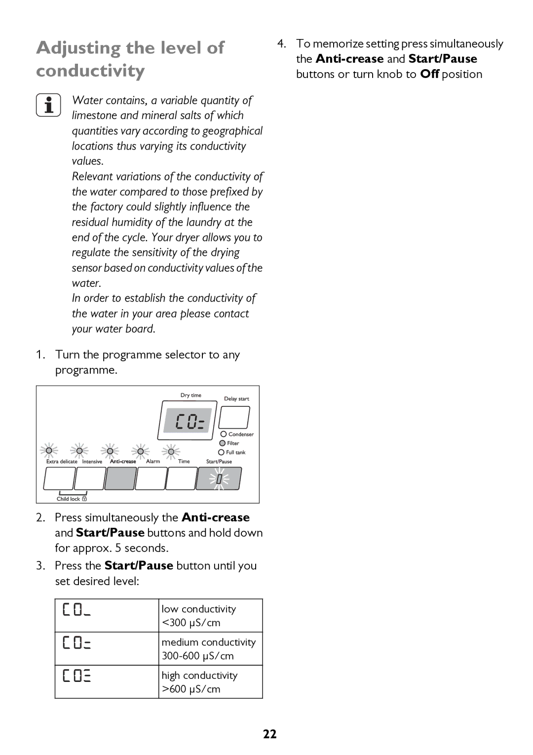 John Lewis JLTDC11 Adjusting the level of conductivity, Press the Start/Pause button until you set desired level 