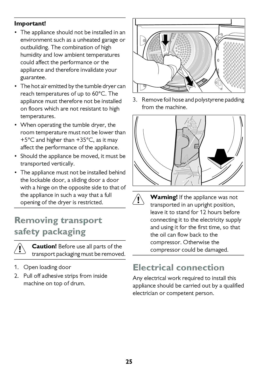 John Lewis JLTDC11 instruction manual Removing transport safety packaging, Electrical connection 