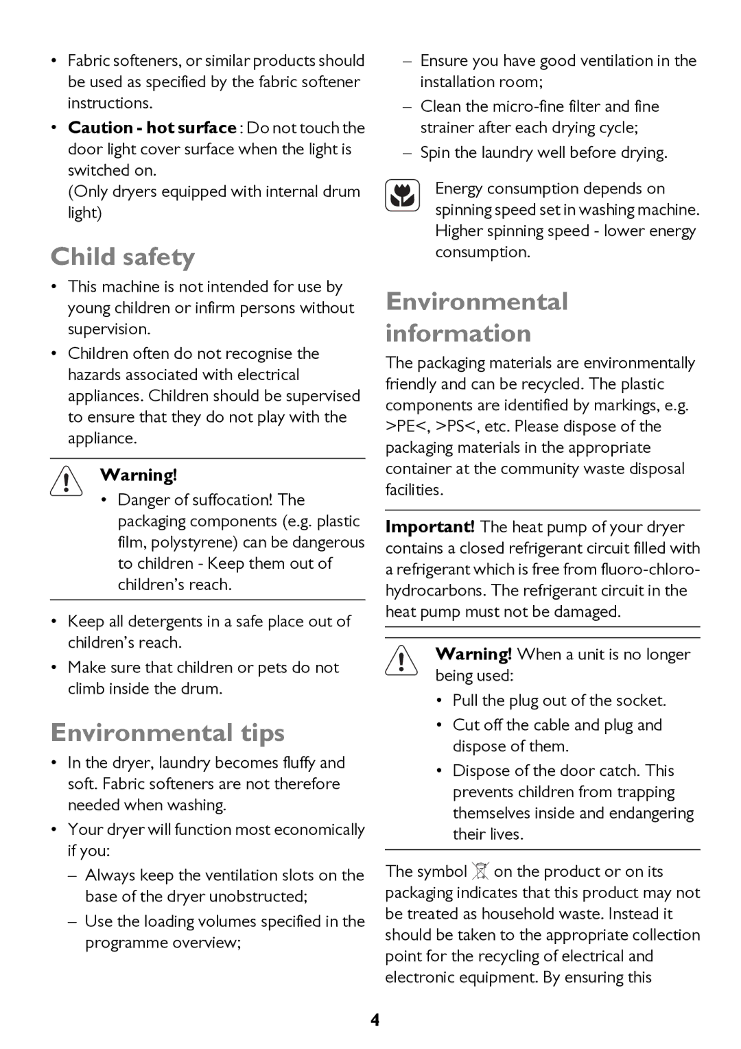 John Lewis JLTDC11 instruction manual Child safety, Environmental tips, Environmental information 