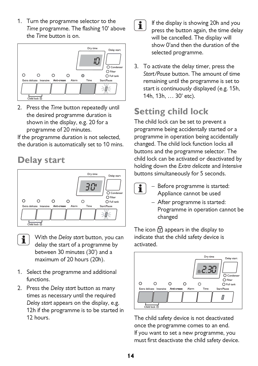 John Lewis JLTDC12 instruction manual Delay start, Setting child lock 