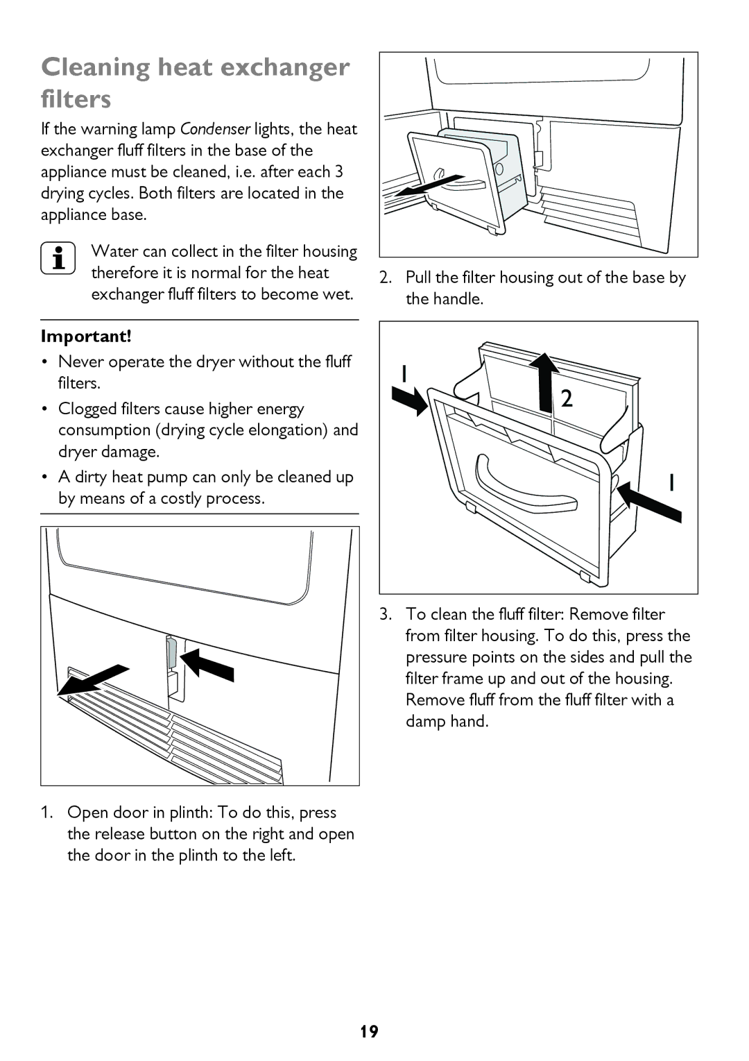 John Lewis JLTDC12 instruction manual Cleaning heat exchanger filters 