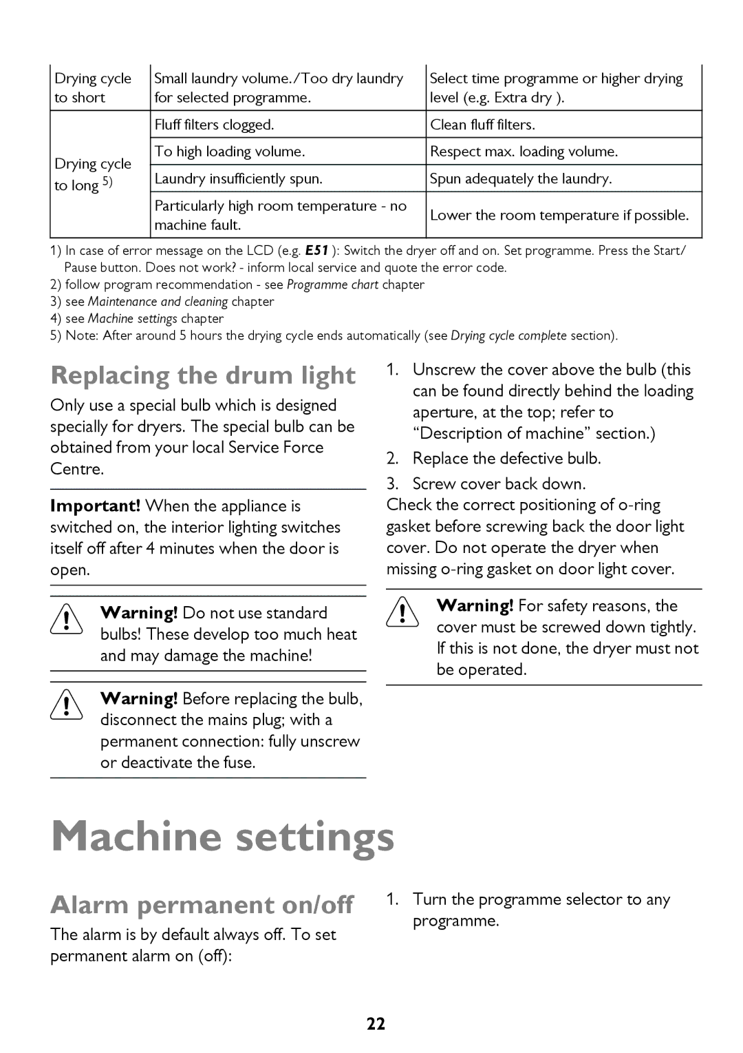 John Lewis JLTDC12 instruction manual Machine settings, Replacing the drum light, Alarm permanent on/off 