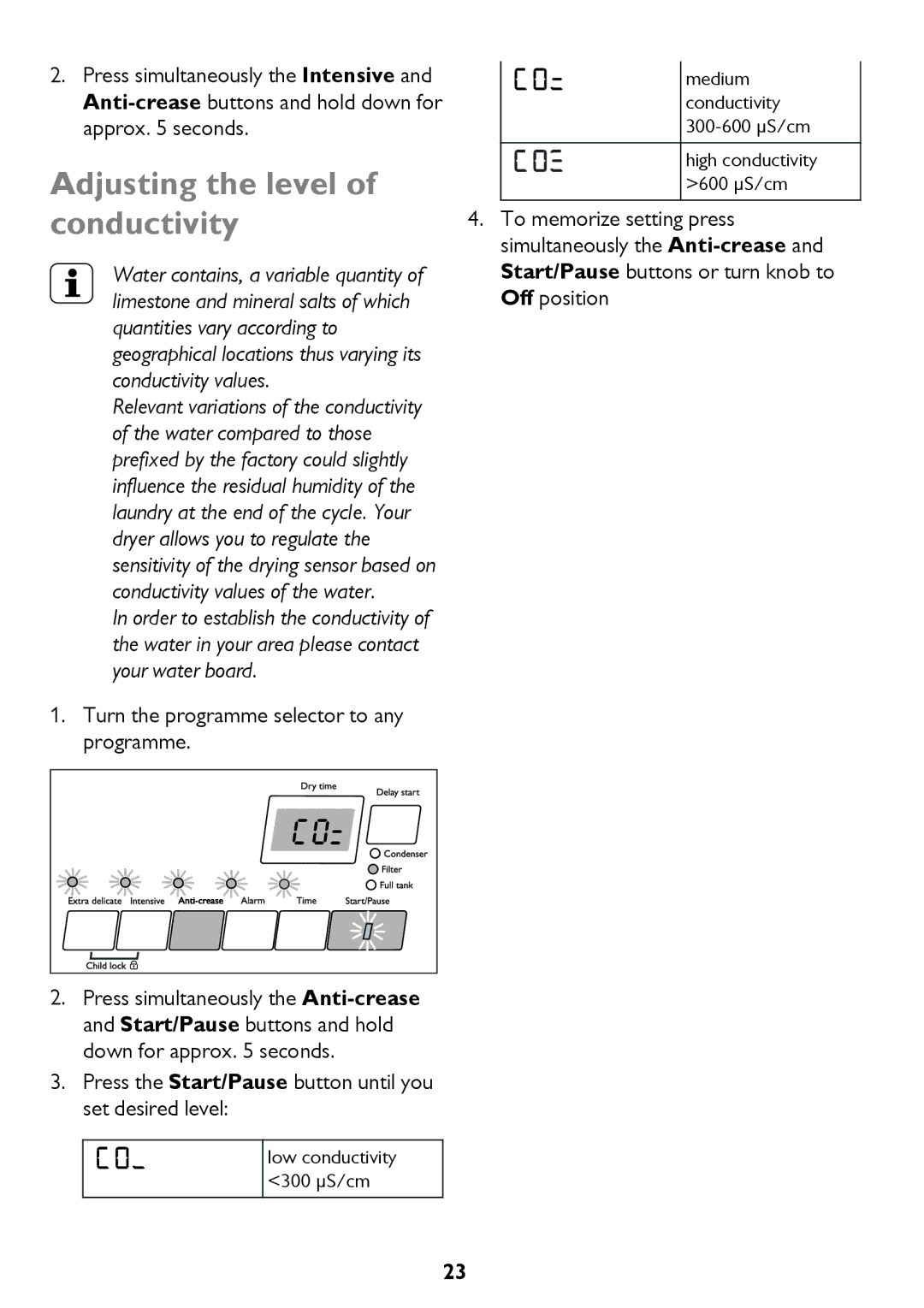 John Lewis JLTDC12 Adjusting the level of conductivity, Press the Start/Pause button until you set desired level 