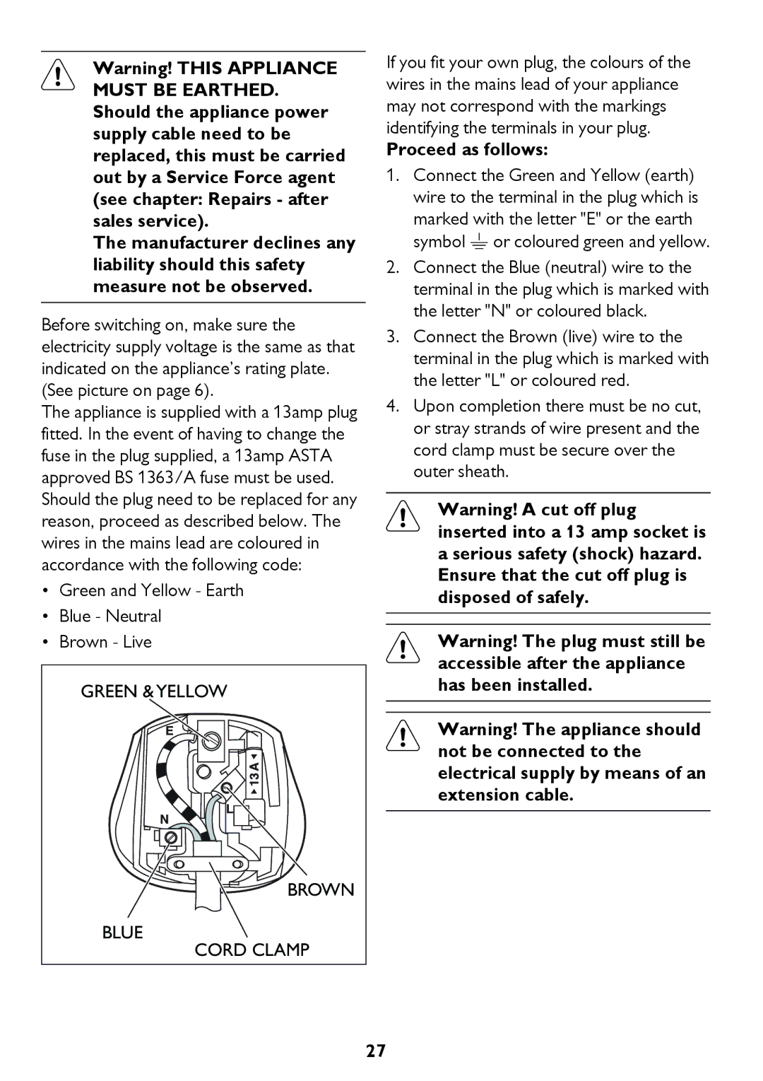 John Lewis JLTDC12 instruction manual Green and Yellow Earth Blue Neutral Brown Live, Green & Yellow Brown Blue Cord Clamp 