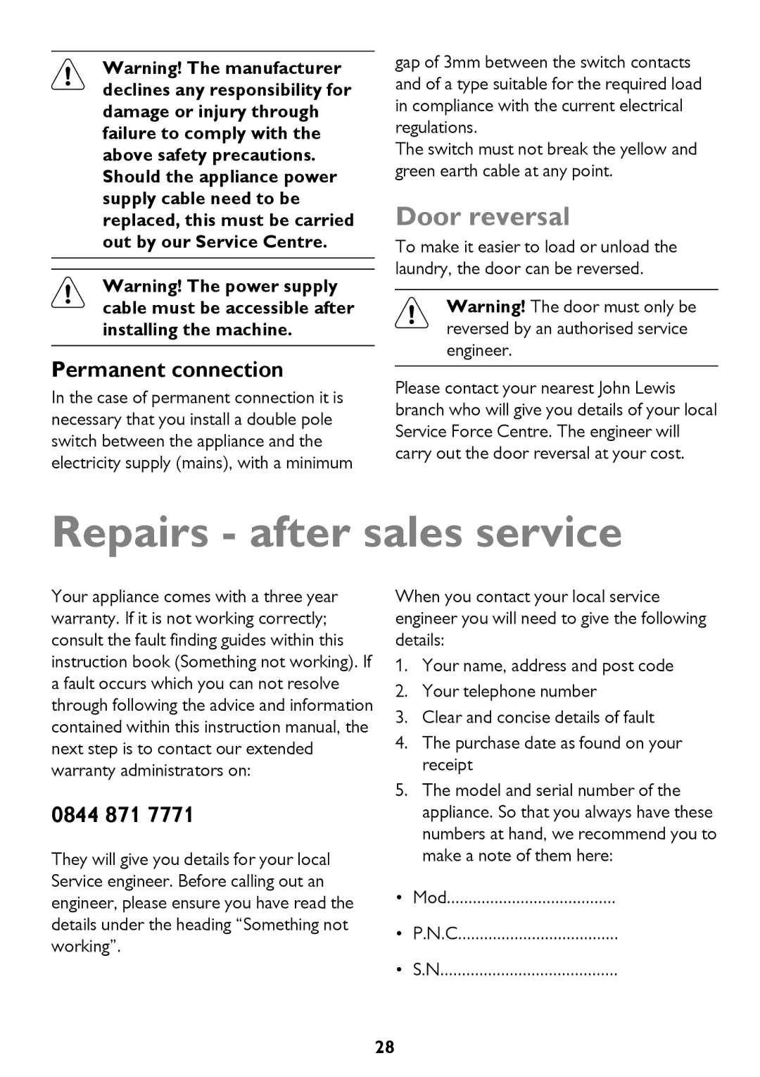 John Lewis JLTDC12 instruction manual Repairs after sales service, Door reversal, Mod 