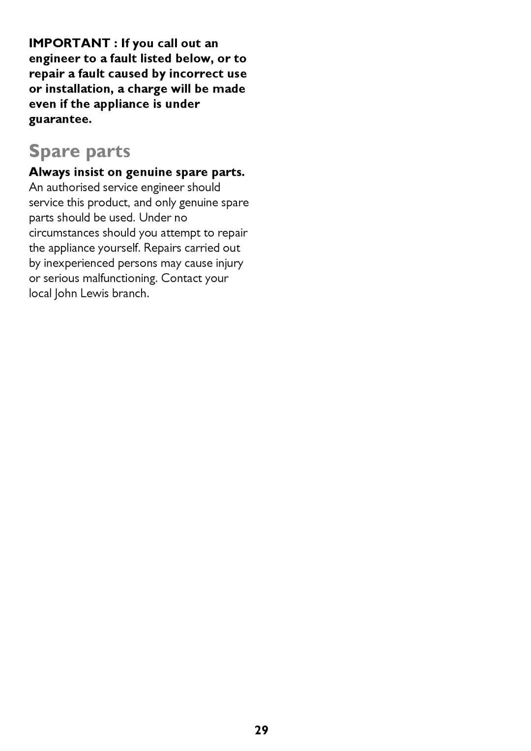 John Lewis JLTDC12 instruction manual Spare parts 