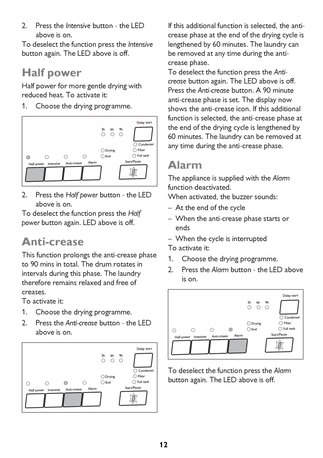 John Lewis JLTDH14 instruction manual Half power, Anti-crease, Alarm, Press the Intensive button the LED above is on 