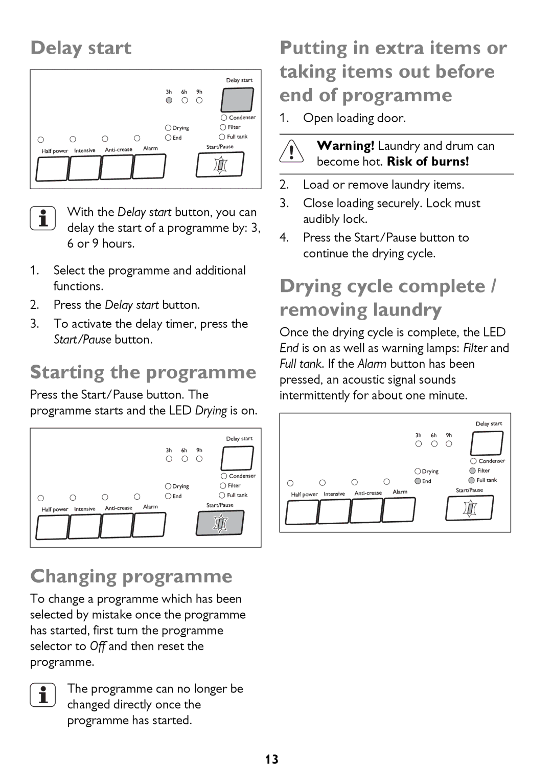 John Lewis JLTDH14 Delay start, Starting the programme, Changing programme, Drying cycle complete / removing laundry 