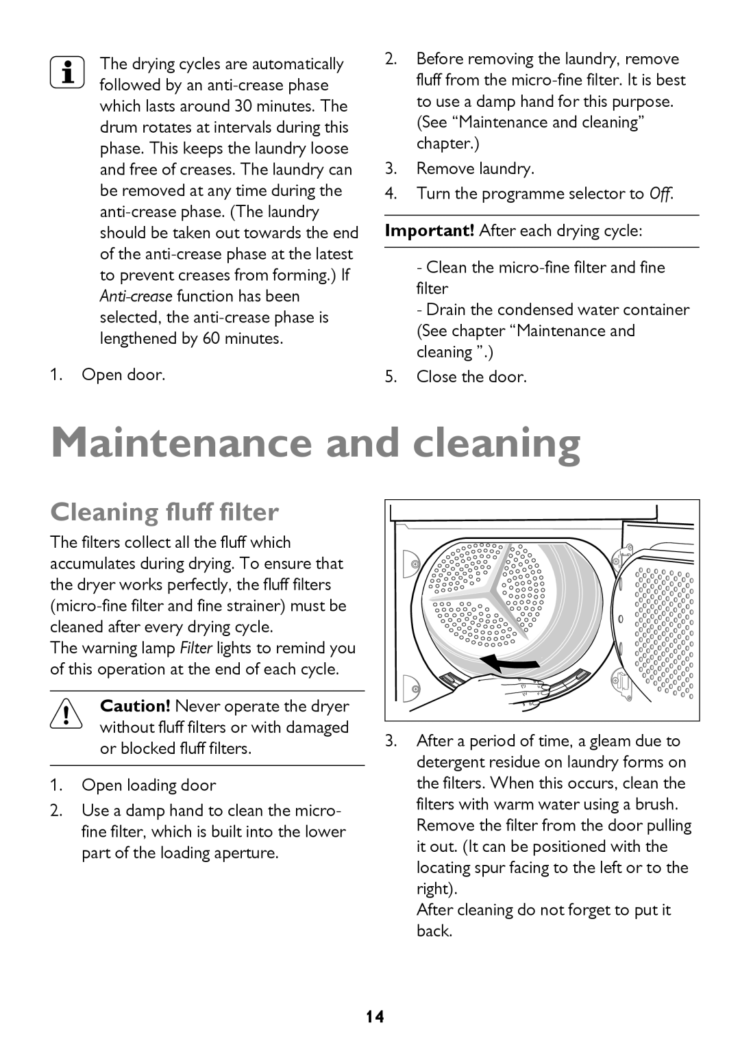 John Lewis JLTDH14 instruction manual Maintenance and cleaning, Cleaning fluff filter, Open door 