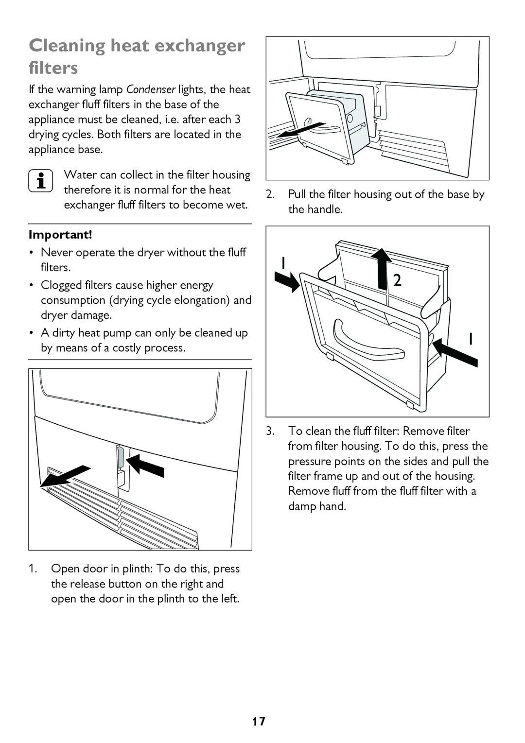 John Lewis JLTDH14 instruction manual Cleaning heat exchanger filters 