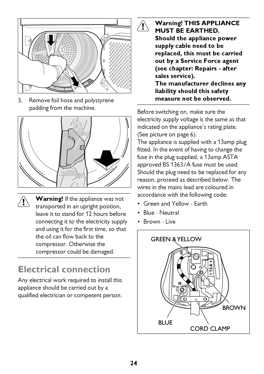 John Lewis JLTDH14 instruction manual Electrical connection, Green and Yellow Earth Blue Neutral Brown Live 