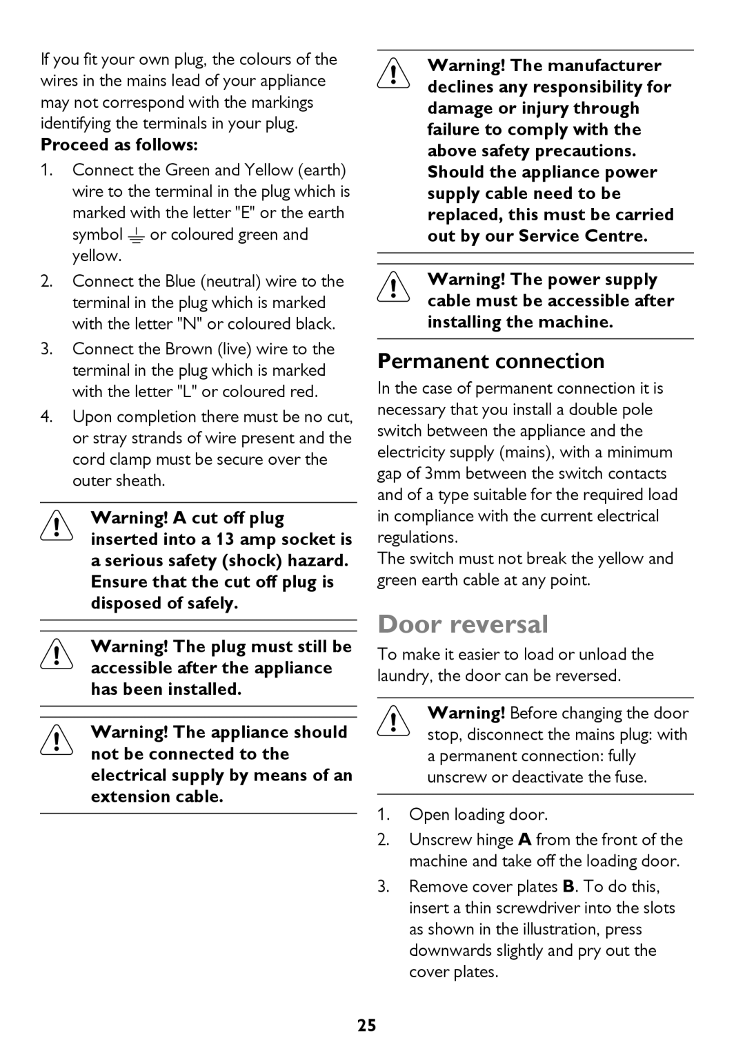 John Lewis JLTDH14 instruction manual Door reversal, Symbol or coloured green and yellow 