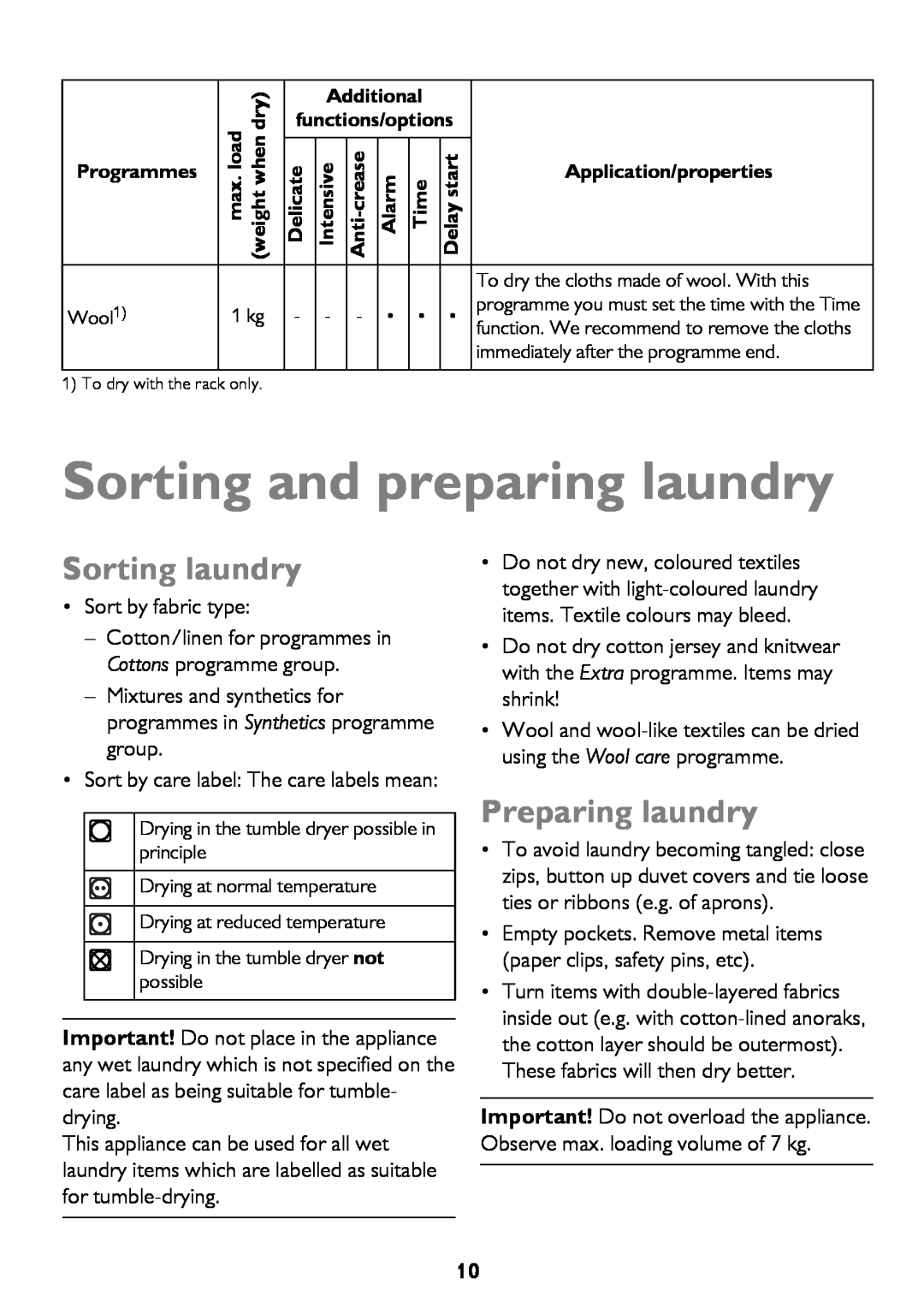 John Lewis JLTDH15 instruction manual Sorting and preparing laundry, Sorting laundry, Preparing laundry 